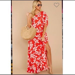 Red Dress Boutique Red and White One-Shoulder Leaf Print Maxi Dress